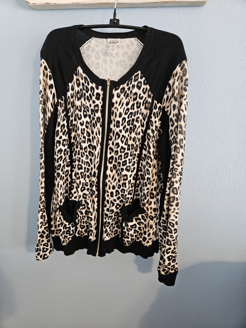 Chicos Golf Leopard Print Zip Front Cardigan - Black & Cream